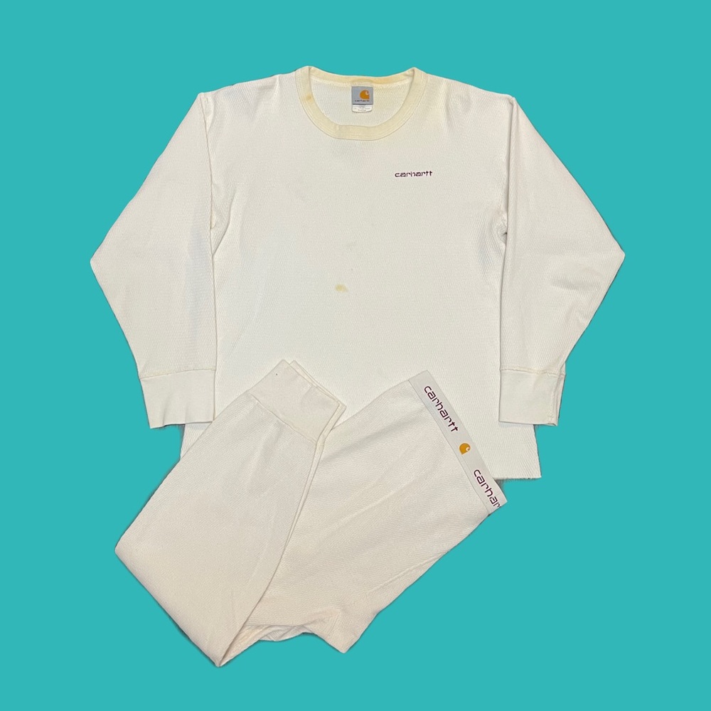 Vintage Carhartt Mens XL Natural 100% Cotton Thermal Long Sleeve Shirt / Bottoms